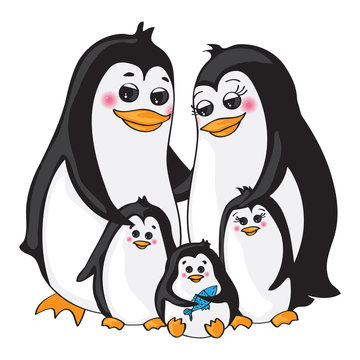 Penguins family on white background.