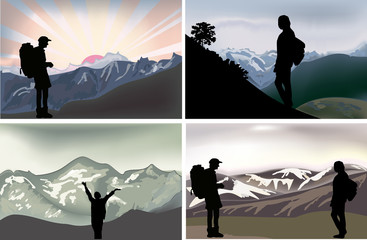 four compositions with tourists in mountains