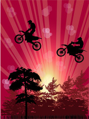 Plakat abstract composition with bikers above trees