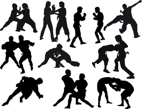 hand-to-hand fighters silhouettes set