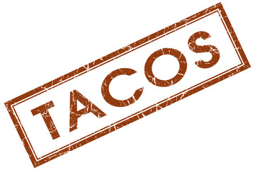 Tacos brown square grungy stamp isolated on white background