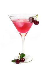 Cold cherries drink with ice cubes and fresh cherries isolated