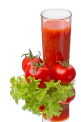 Tomatoes and tomato juice on white