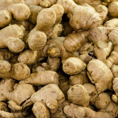 Fresh Ginger root background close