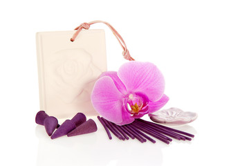 Incense set and orchid flower