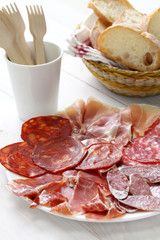 various types of  spanish salami, sausage and ham.