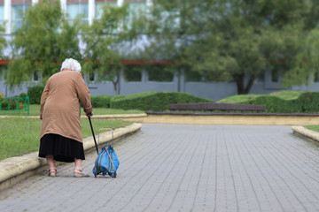 Old woman with bag seen from behind.