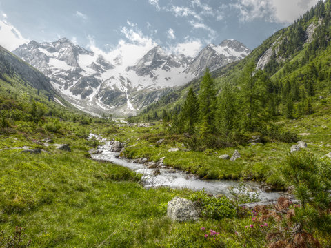 Berglandschaft mit Wildbach vom Gletscher in HDR