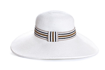 White woman big hat on white background