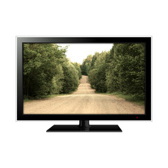 LCD monitor isolated on white with dirt road in the screen