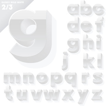 Vector alphabet of simple 3d glossy letters. Sans bold. Whit