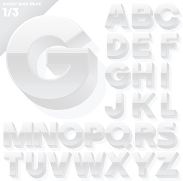 Vector alphabet of simple 3d glossy letters. Sans bold. Whit