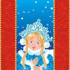 Snow Maiden on a blue background with white snowflakes.