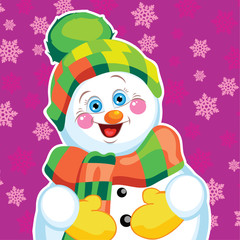 Snowman on green background with patterns.