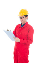 asian male engineer doing report  in white background