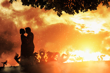 Asian couple with pre wedding sceen out door background.