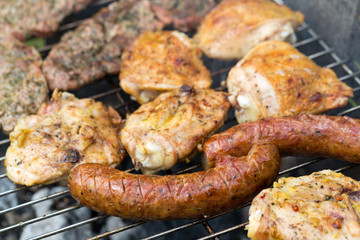 barbecue with delicious grilled meat on grill