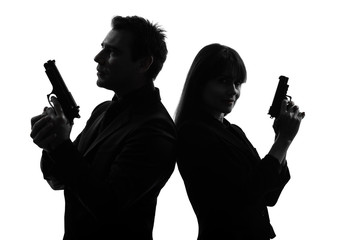couple woman man detective secret agent criminal  silhouette - obrazy, fototapety, plakaty