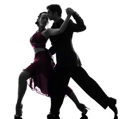 couple man woman ballroom dancers tangoing  silhouette - obrazy, fototapety, plakaty