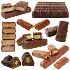 Collage of chocolate bars isolated on white