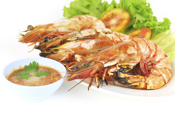 Grilled shrimp prawn on white background