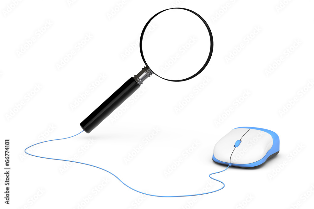 Poster search concept. magnifying glass connected to a computer mouse