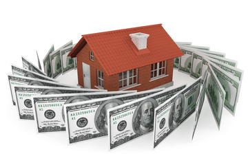 Real estate business concept. Dollars banknotes with Brick House