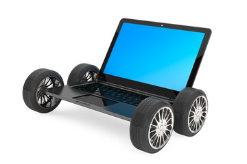 Modern laptop with car wheels