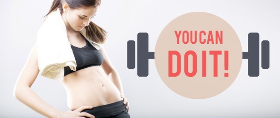 Fototapeta na wymiar You can do it, woman looking at flat belly