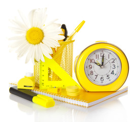 Set of school supplies and the hours