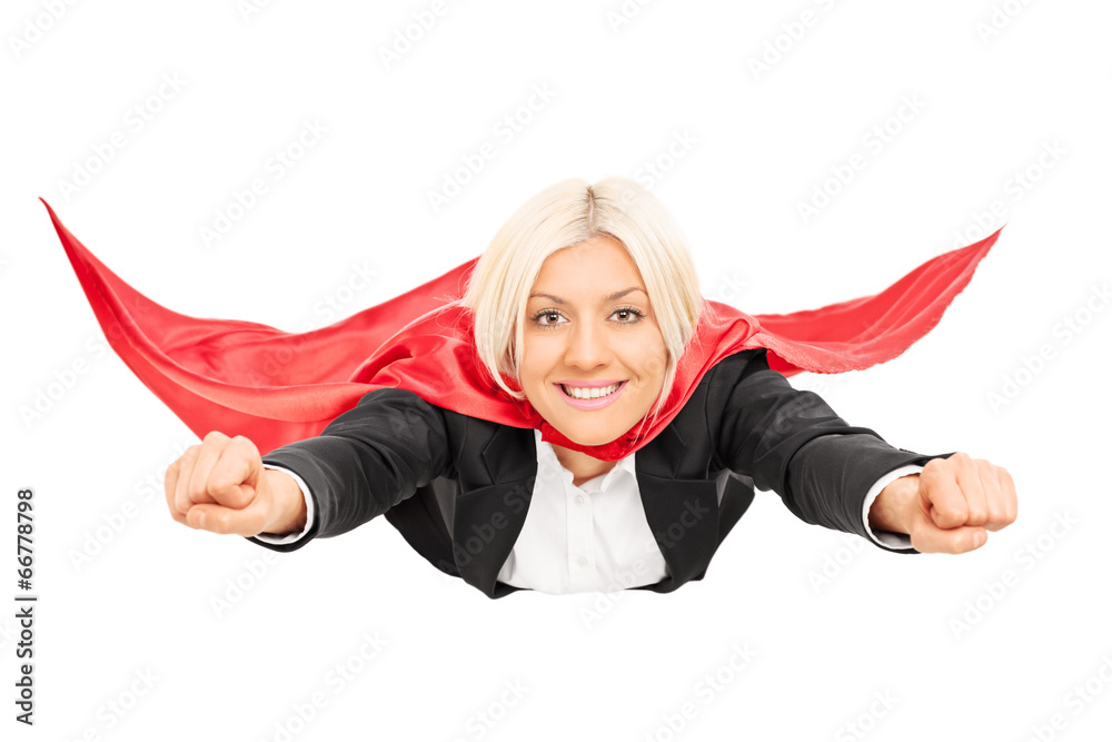 Sticker female superhero flying isolated on white background