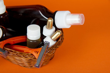 Cosmetics set in a wattled basket