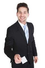 Happy Businessman Holding Visiting Card