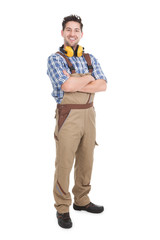 Fototapeta premium Smiling Worker Standing Arms Crossed Over White Background