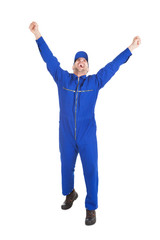 Naklejka premium Confident Cleaner Mopping Over White Background