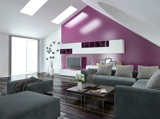 Modernes Wohnzimmer mit pinker Wand und grauer couch