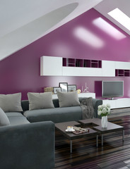 Modernes Wohnzimmer mit pinker Wand und grauer couch