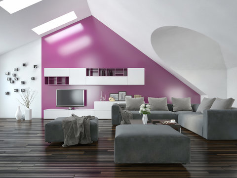 Apartment living room interior with purple accent