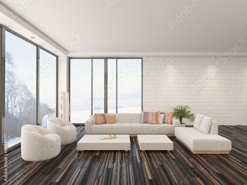 "Luftiges helles Wohnzimmer mit Parkettboden und weißer Couch" Stock