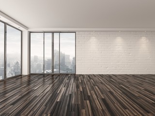 Empty apartment living room overlooking a town
