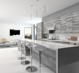 Fototapeta na wymiar Gray style wooden open-plan kitchen interior