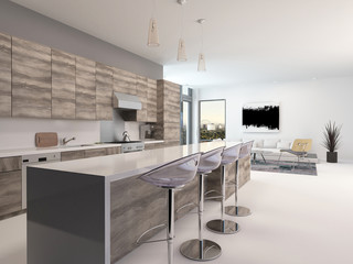 Rustic style wooden open-plan kitchen interior