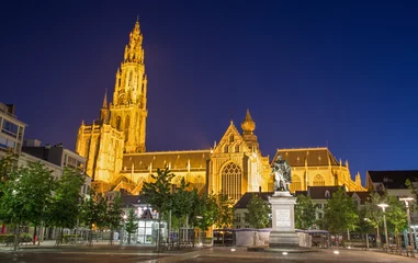 Foto op Canvas Antwerp - South facade of cathedral of Our Lady and square © Renáta Sedmáková