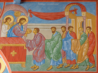 Obrazy na Szkle  Brugia - Fresk przedstawiający komunię sceny apostoła