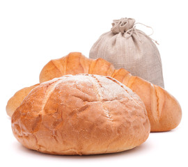 fresh bread and flour sack isolated on white background cutout