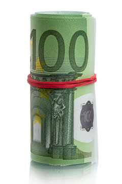 Euro banknotes roll with red rubber