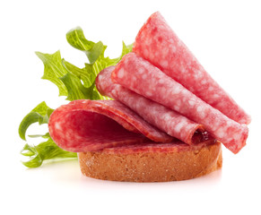 sandwich with salami sausage on white background  cutout