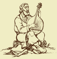 Fototapeta na wymiar Vector drawing. Old Ukrainian musician plays the bandura