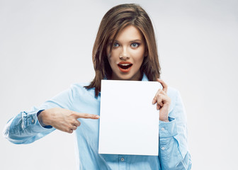 Fototapeta premium Business woman show on white banner.
