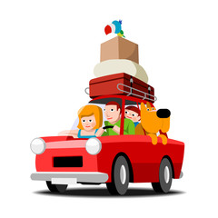 Family in a red car